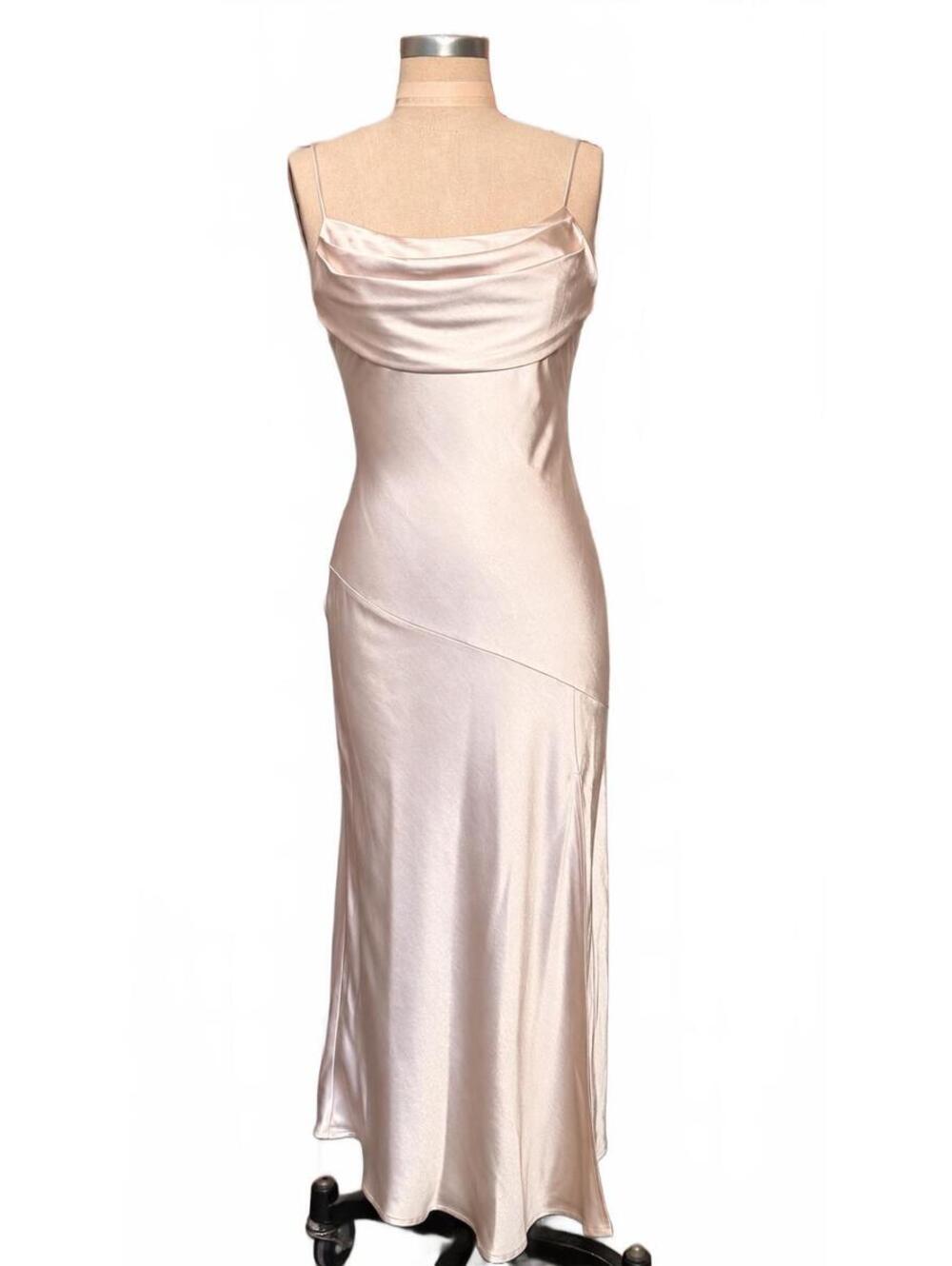 Selfie Leslie Satin Cowl Neck Maxi Dress M Champagne Pearl Bias Cut